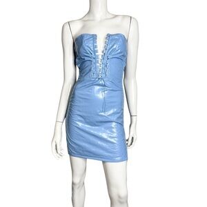 Cherry Mellow Faux Leather Wet Latex Look Light‎ Blue Bodycon Strapless Dress